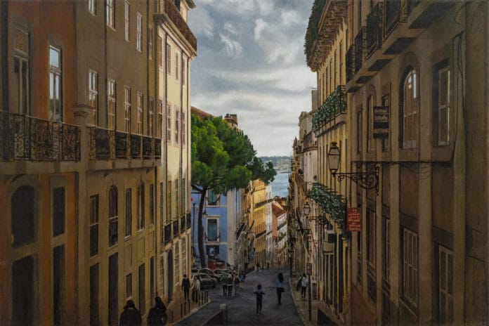 Afternoon Rua das Flores Lisbon oil painting on linen by artist Jonathan Keeton