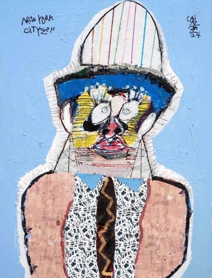 Alejandro Caiazza mixed media painting New York City Zen depicting urban anxiety